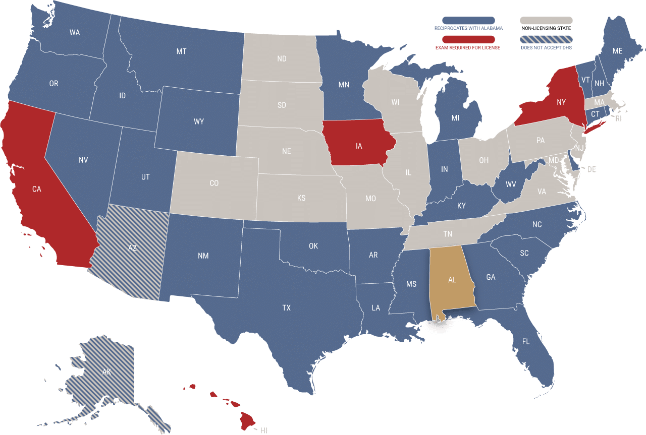 Alabama adjuster license reciprocity map