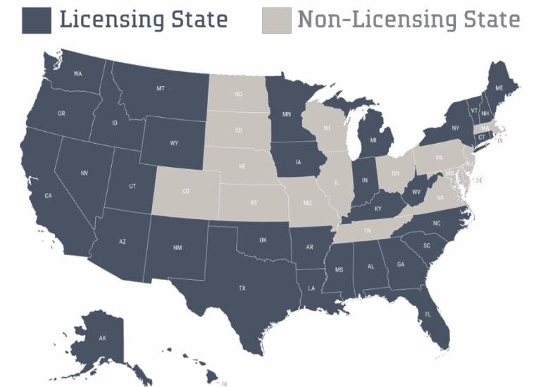 Image of what states require insurance adjuster to be licensed and what states don't require a license.
