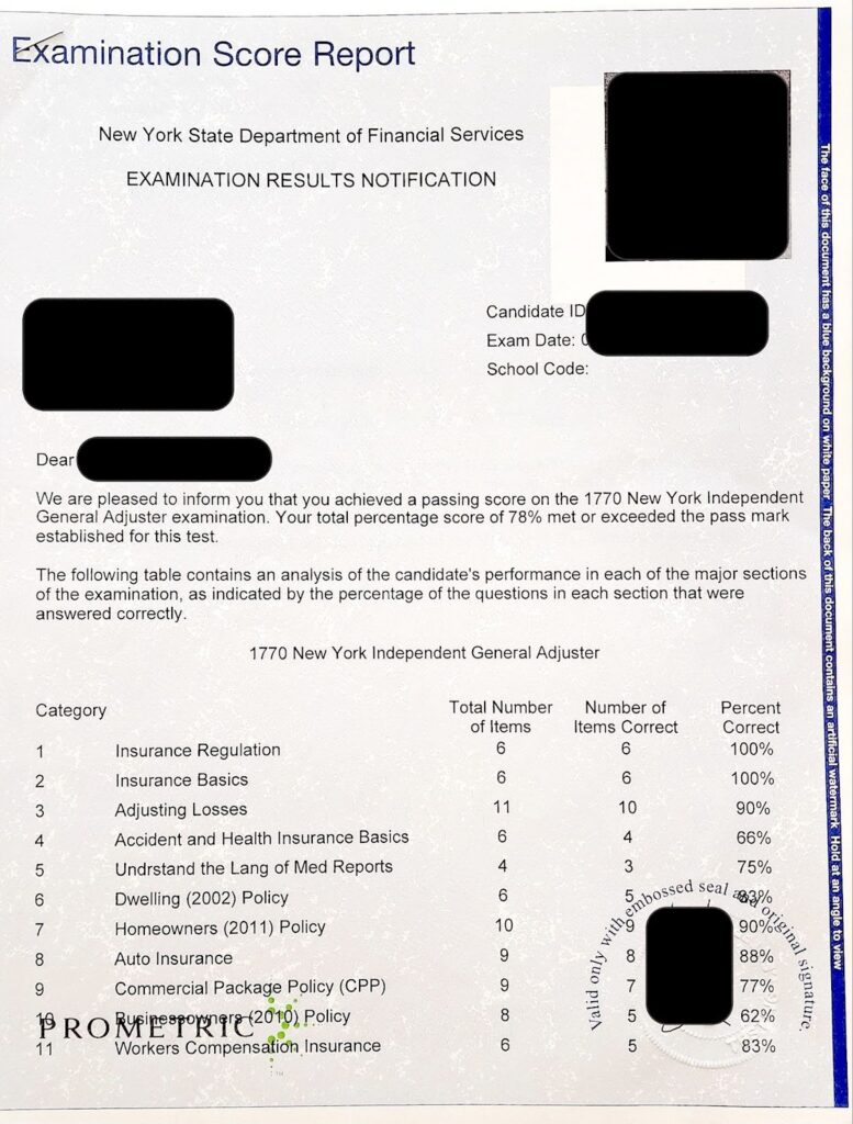 insurance adjuster exam score report