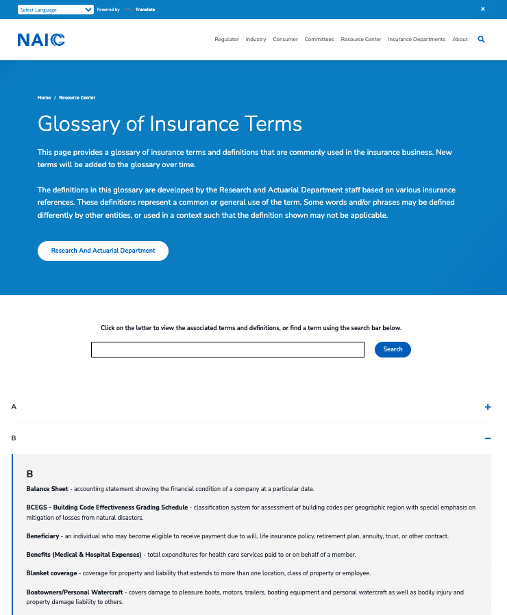 NAIC Glossary of Insurance Terms