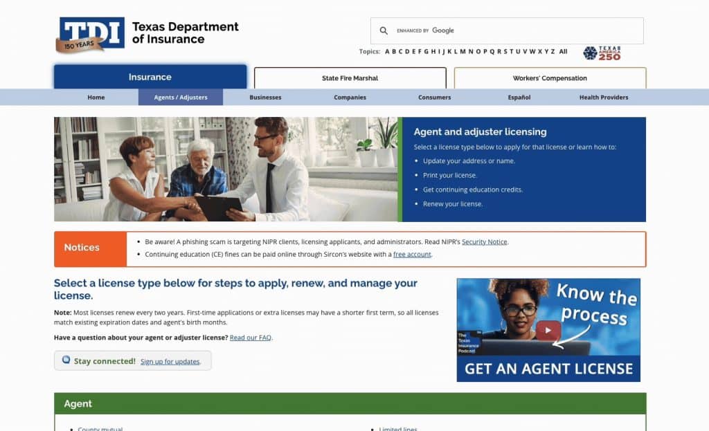 Texas Department of Insurance Licensing center
