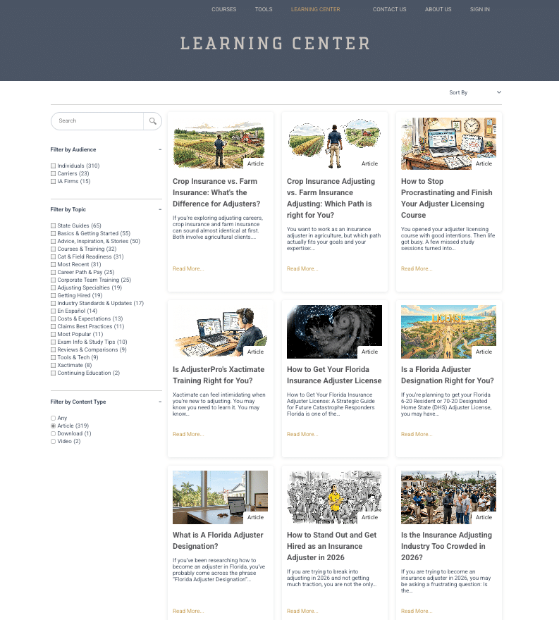 AdjusterPro's Learning center with information for new and experienced insurance claims adjusters