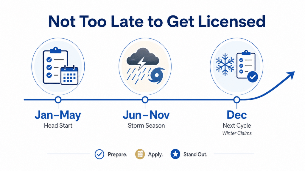 insurance adjuster licensing seasons graphic