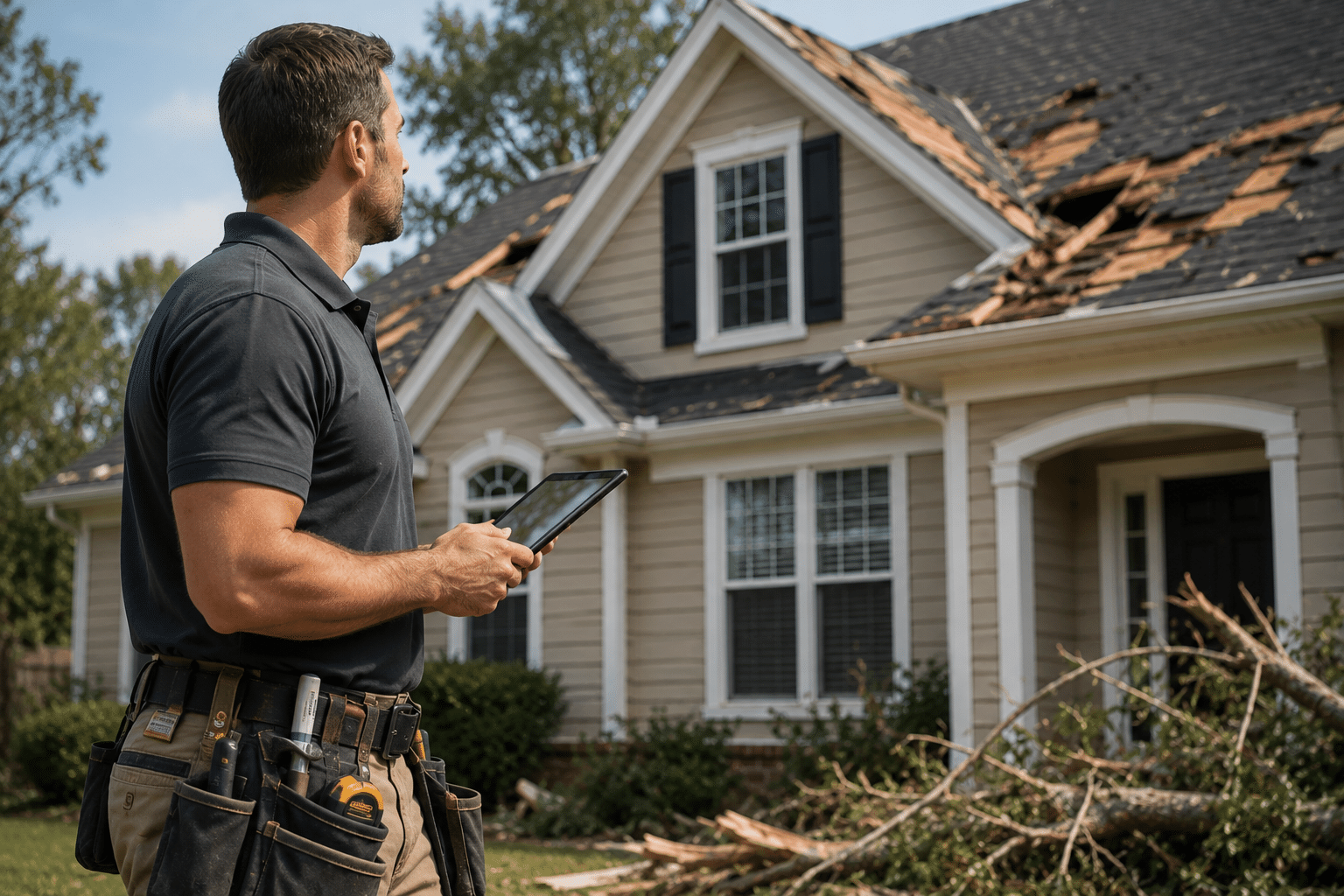 Insurance adjuster inspecting storm damage to a home while holding a tablet