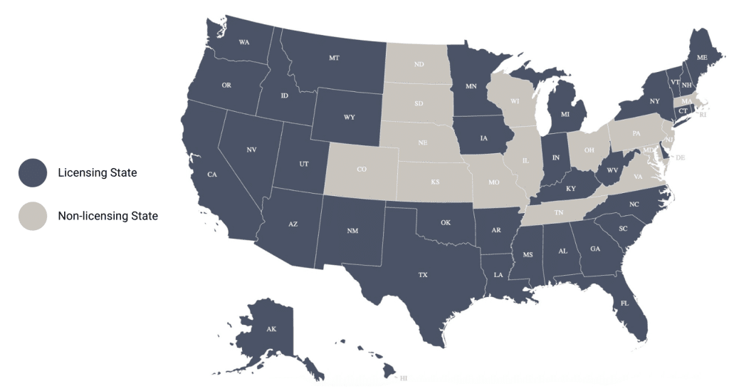 Map of states that license insurance adjusters and states that don't