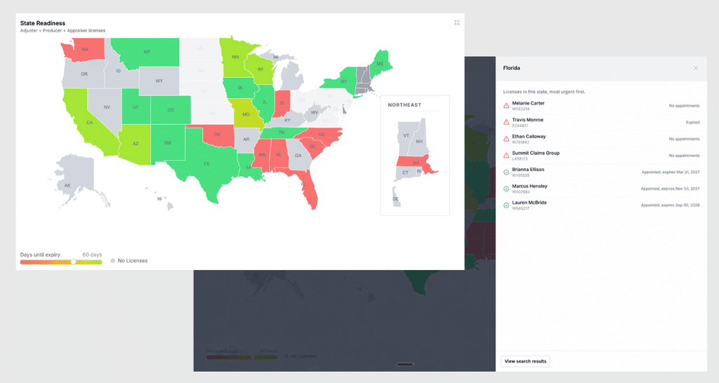 Managers can see the status of all their adjusters state licenses