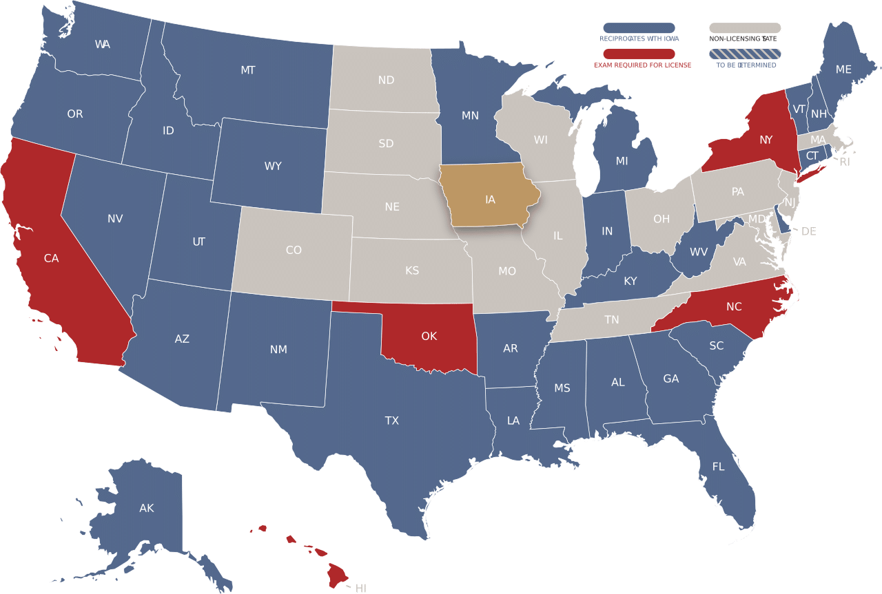 Iowa adjuster license reciprocity map
