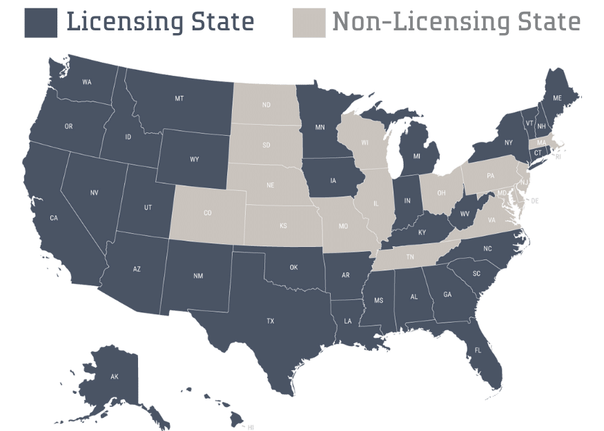 Adjuster licensing vs non-licensing states map